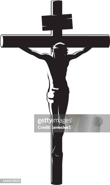 black vector image of the crucifixion of christ on white - the white christ stock illustrations