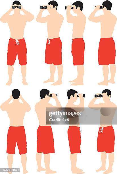 ilustraciones, imágenes clip art, dibujos animados e iconos de stock de sin camisa hombre mirando a través de binoculares - lifeguard