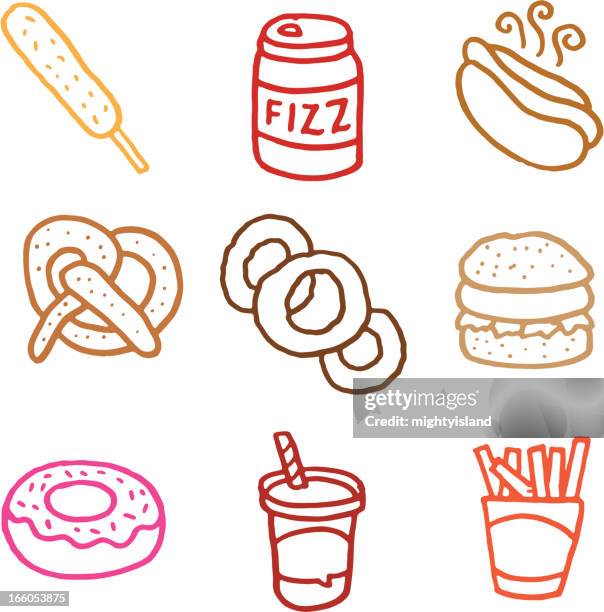 junk food doodle icon set - corn dog stock illustrations