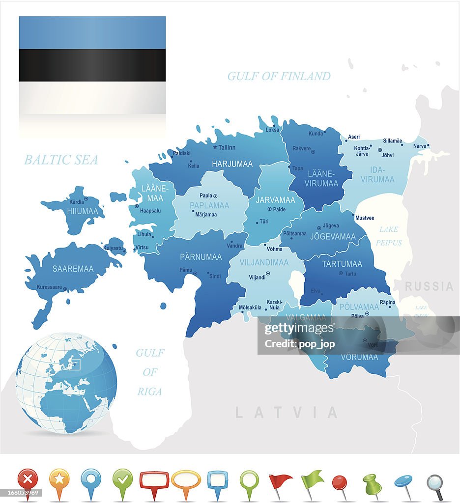 Map of Estonia - states, cities, flag and icons