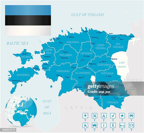 map of estonia - states, cities, flag, navigation icons - estonia map stock illustrations