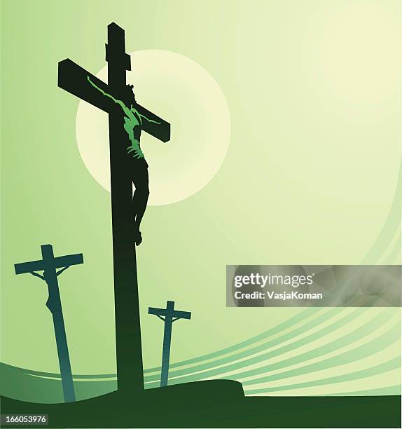 illustrazioni stock, clip art, cartoni animati e icone di tendenza di crocifissione nella guarigione verde - the crucifixion