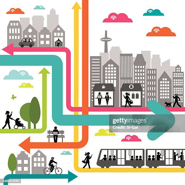 colorful illustration of a dynamic urban network - paris metro stock illustrations