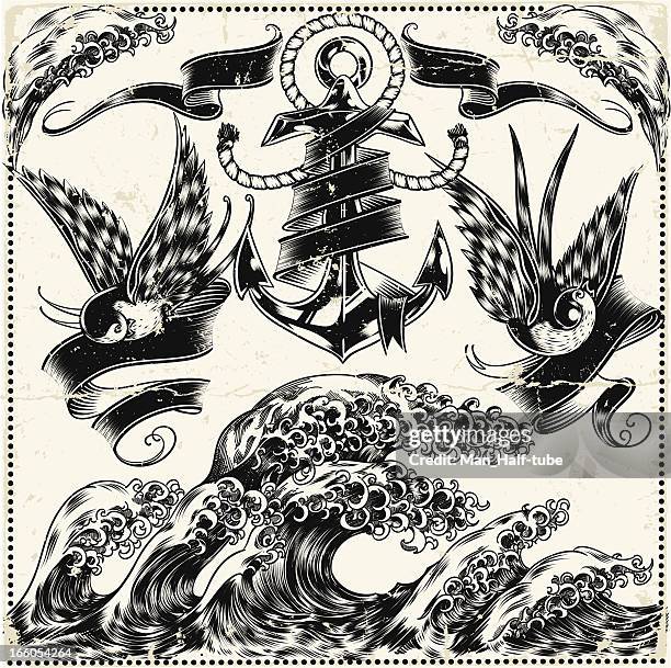aufwendige illustration von nautische symbole - vintage tattoo stock-grafiken, -clipart, -cartoons und -symbole
