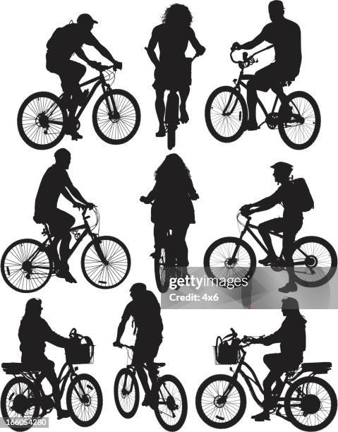 stockillustraties, clipart, cartoons en iconen met multiple silhouettes of people on bicycle - fiets hoed