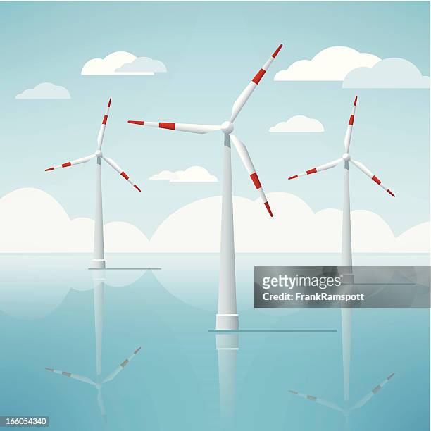 windkraftanlage vor der küste seascape vektor - windkraftanlage stock-grafiken, -clipart, -cartoons und -symbole