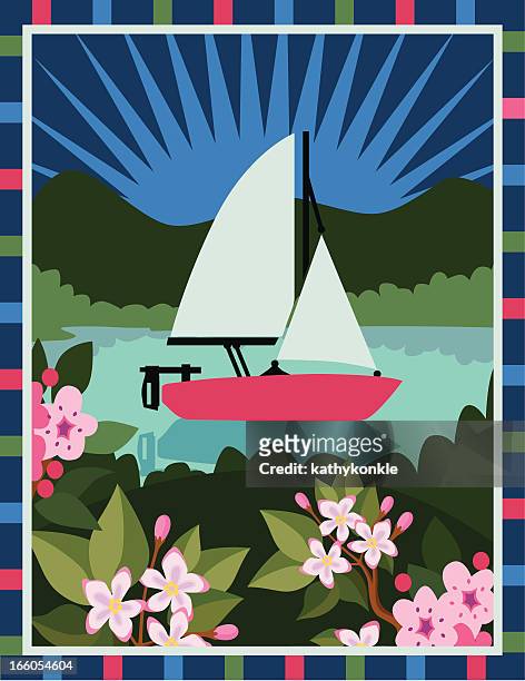 stockillustraties, clipart, cartoons en iconen met sailboat and mayflowers - meidoorn