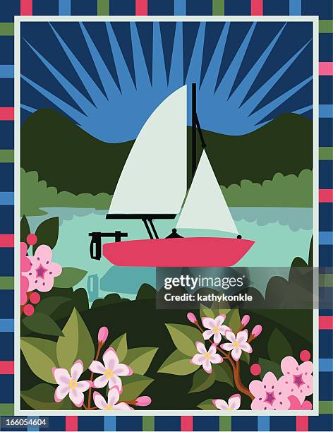 sailboat and mayflowers - hawthorn stock illustrations