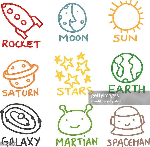 kids style space related doodle icon set - childs drawing stock illustrations