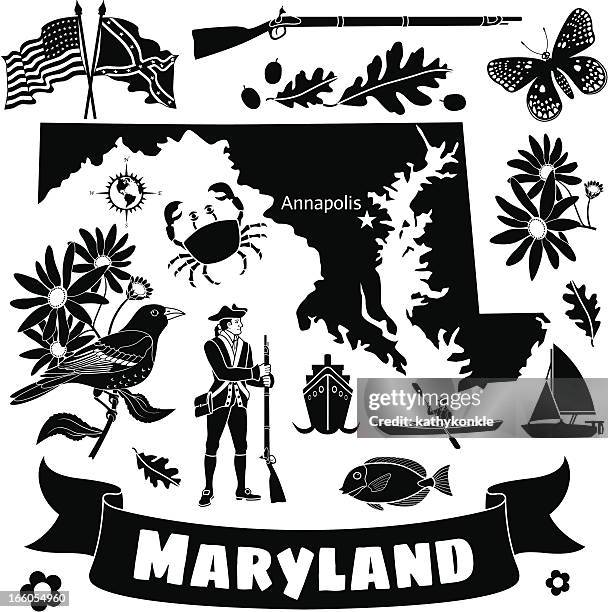 stockillustraties, clipart, cartoons en iconen met maryland state map and icons - civil war