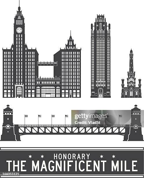 chicago icons - the magnificent mile - chicago river stock illustrations