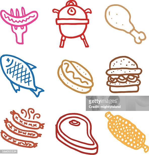 stockillustraties, clipart, cartoons en iconen met barbecue doodle icon set - kipburger