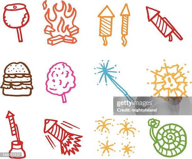 fireworks doodle icon set - explosion of apples stock illustrations