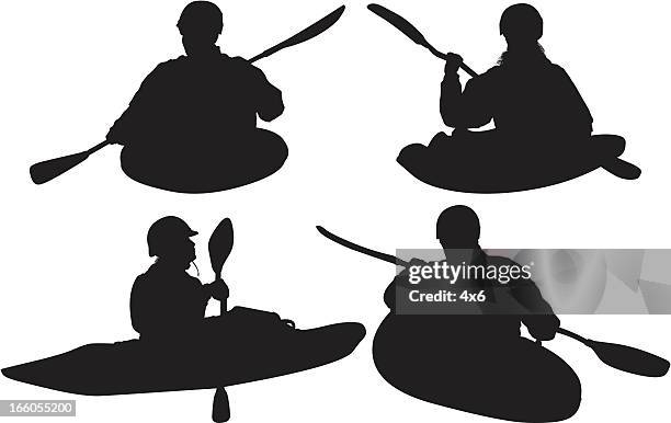 silhouette of people canoeing - whitewater rafting stock illustrations