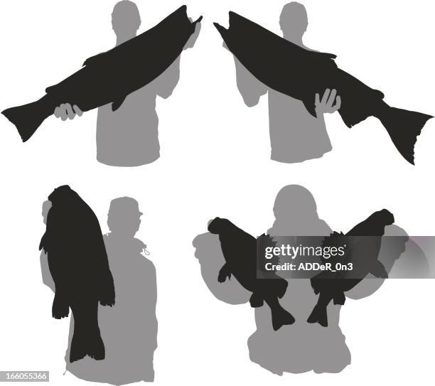 fisherman silhouette set - trout stock illustrations