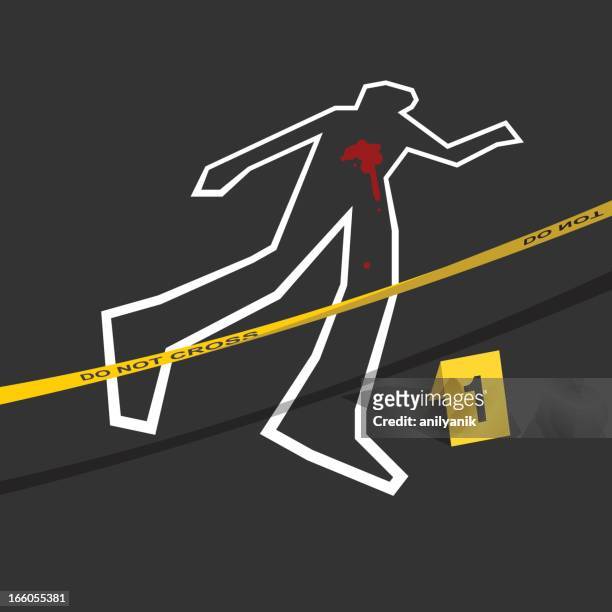 stockillustraties, clipart, cartoons en iconen met crime scene with do not cross tape and number 1 mark - body line