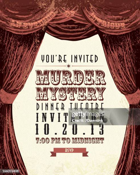 murder mystery dinner theatre invitation template vintage design - opening curtains stock illustrations