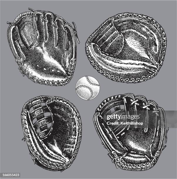 stockillustraties, clipart, cartoons en iconen met baseball gloves - catchers mitt, first base, infield, outfield - vangershandschoen