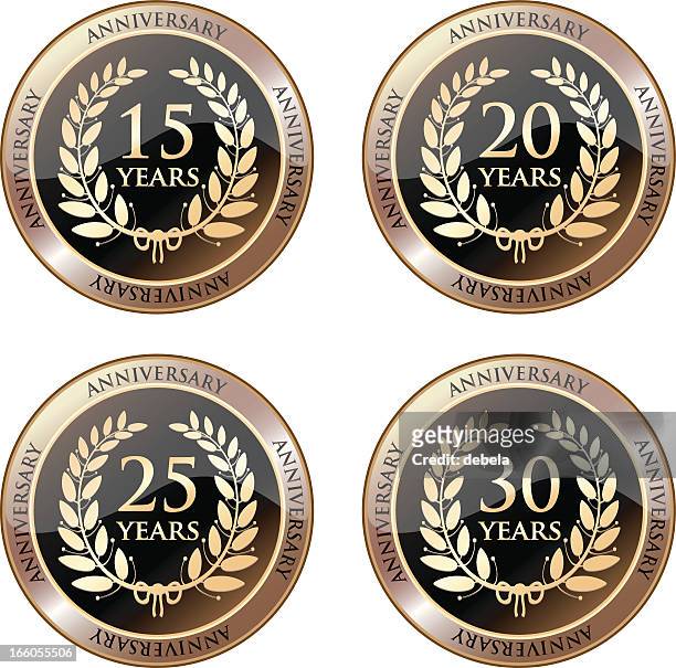 anniversary celebration medals in gold - 20 29 years stock illustrations
