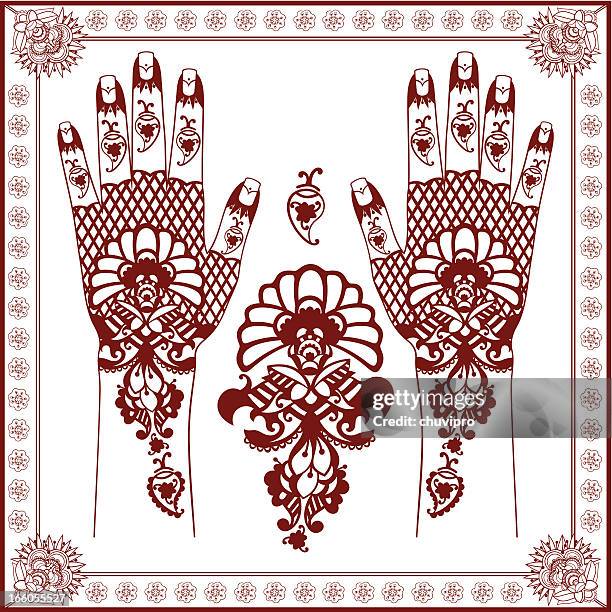 mehndi. henna painting on hands - henna hands stock illustrations