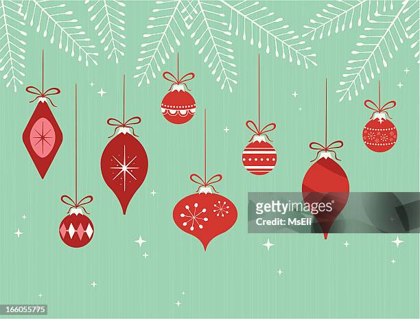 hanging christmas ornaments on branches - retro stock illustrations