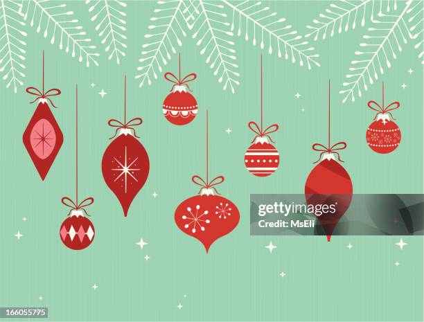 hanging christmas ornaments on branches - christmas baubles stock illustrations