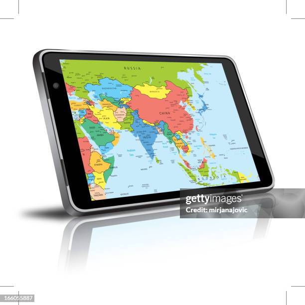 asia map in a digital tablet - learning chinese stock illustrations