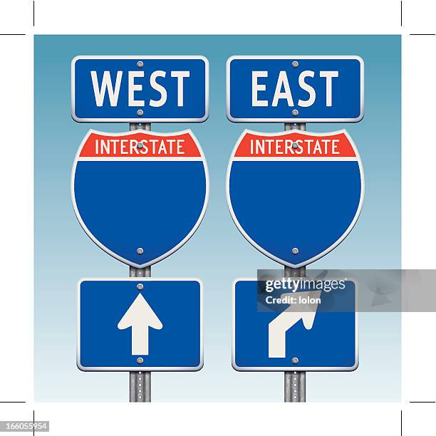 ilustraciones, imágenes clip art, dibujos animados e iconos de stock de usa la interestatal señalizaciones hacia el este y oeste - autopista