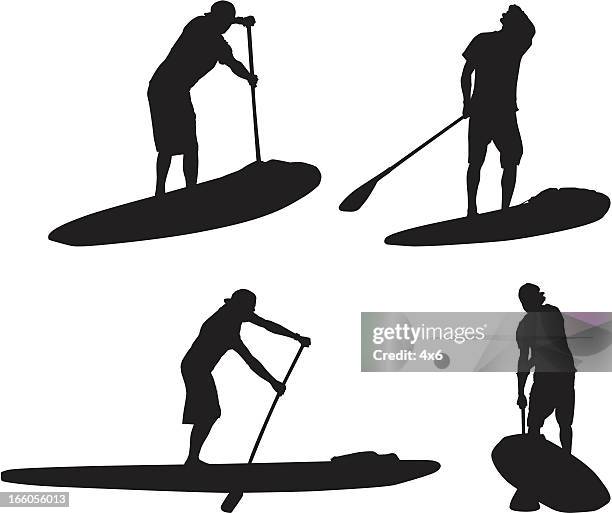 multiple silhouettes of man on paddleboard - paddleboarding stock illustrations