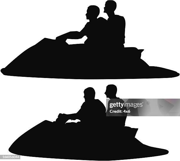 silhouette of people riding jet ski - motorboating stock illustrations