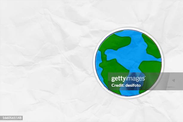 a space theme backdrop with over white crumpled paper sheet comic fun cartoon background, with one abstract representation of blue planet earth with green continents in the blue oceans leaving copy space all around - paper ball stock illustrations