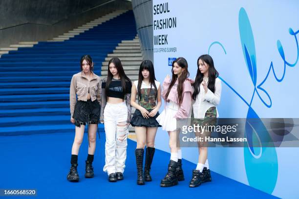 Hyein, Haerin, Hanni, Danielle and Minji of girl group NewJeans pose at the UL:KIN show at Seoul Fashion Week SS 24 at DDP on September 05, 2023 in...