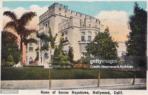 Vintage souvenir postcard published in circa 1921 from the Homes of Movie Stars Scenic Colored Miniatures series, depicting mansions and grand...