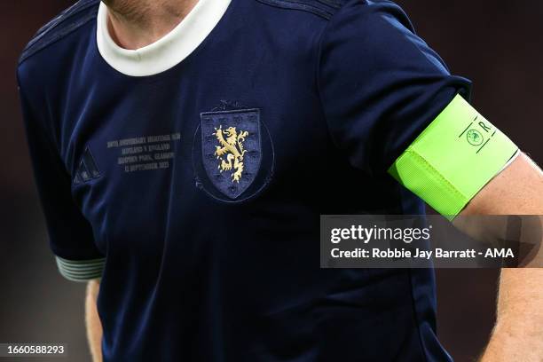 The special 150th Anniversary Heritage Match badge on the Scotland shirt during the 150th Anniversary Heritage Match between Scotland and England at...
