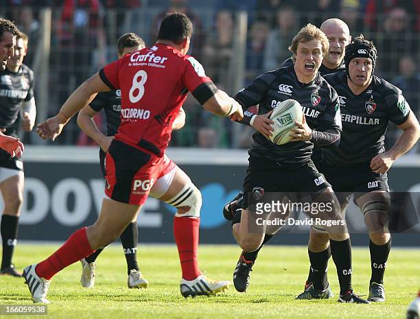 Mathew Tait of Leicester runs with the ball during the Heineken Cup quarter final match between Toulon and Leicester Tigers at Felix Mayol Stadium on...