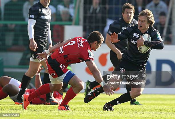 Mathew Tait of Leicester runs with the ball during the Heineken Cup quarter final match between Toulon and Leicester Tigers at Felix Mayol Stadium on...