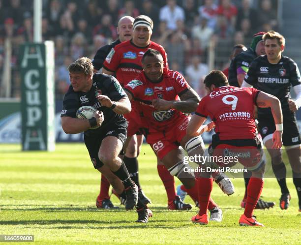 Tom Youngs of Leicester runs with the ball during the Heineken Cup quarter final match between Toulon and Leicester Tigers at Felix Mayol Stadium on...