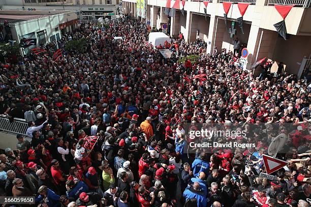 The Toulon team arrive through the packed crowds prior to the Heineken Cup quarter final match between Toulon and Leicester Tigers at Felix Mayol...