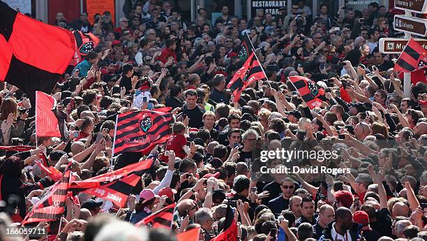 The Toulon team arrive through the packed crowds prior to the Heineken Cup quarter final match between Toulon and Leicester Tigers at Felix Mayol...