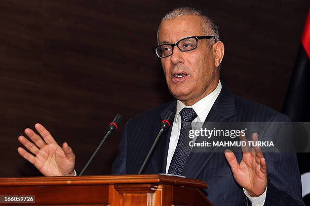 Libyan Prime Minister Ali Zeidan gives a press briefing on the Libyan Security situation on April 8, 2013 in Tripoli. Gunmen posing as security...