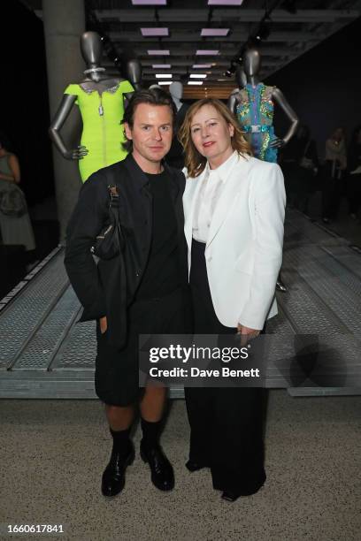 Christopher Kane and Sarah Mower attend the 'BFC REBEL 30 Years of London Fashion' exhibition at the Design Museum on September 12, 2023 in London,...