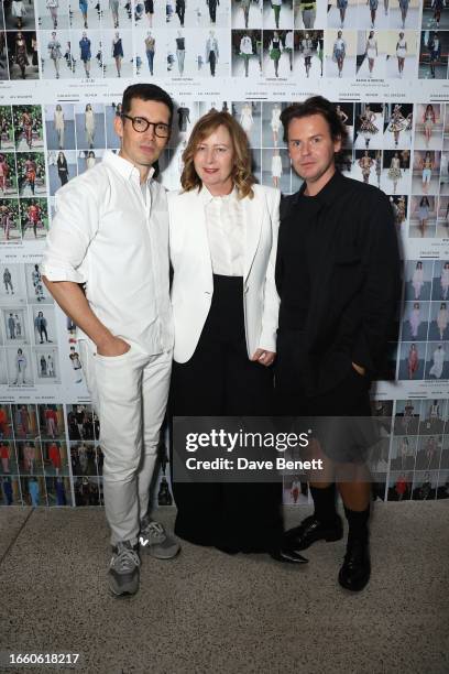 Erdem Moralioglu, Sarah Mower and Christopher Kane attend the 'BFC REBEL 30 Years of London Fashion' exhibition at the Design Museum on September 12,...