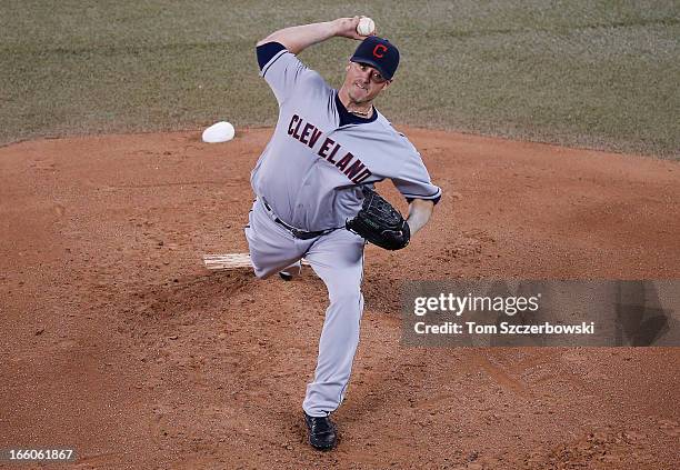 Brett Myers of the Cleveland Indians delivers a pitch during MLB game action against the Toronto Blue Jays on April 4, 2013 at Rogers Centre in...