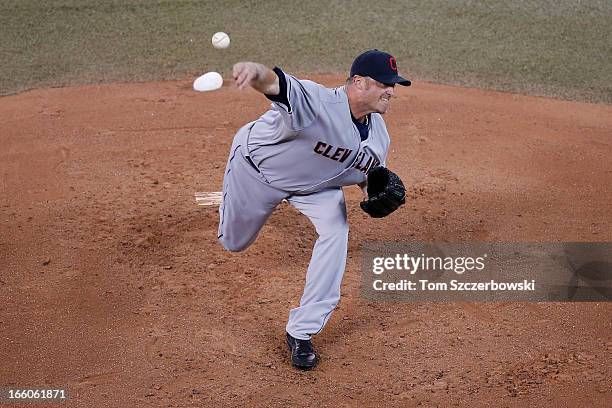 Brett Myers of the Cleveland Indians delivers a pitch during MLB game action against the Toronto Blue Jays on April 4, 2013 at Rogers Centre in...