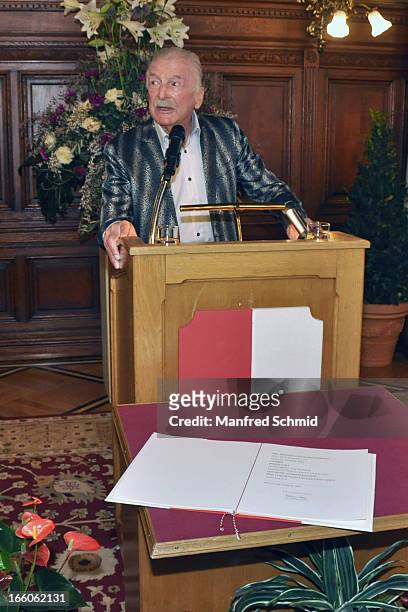 James Last accepts his 'Goldenes Ehrenzeichen fuer Verdienste um das Land Wien' given in the Rathaus Wien on April 8, 2013 in Vienna, Austria.
