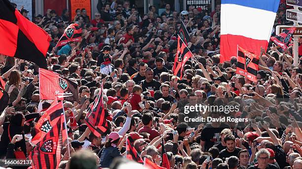 The Toulon team arrive through the packed crowds prior to the Heineken Cup quarter final match between Toulon and Leicester Tigers at Felix Mayol...