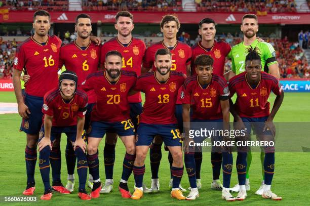Spain's midfielder Mikel Merino, Spain's defender Aymeric Laporte, Spain's defender Robin Le Normand, Spain's forward Alvaro Morata, Spain's...