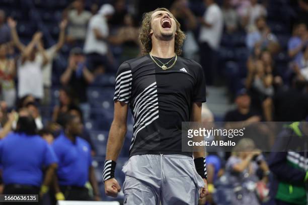 Alexander Zverev of Germany reacts to defeating Jannik Sinner of Italy in five sets during their Men's Singles Fourth Round match on Day Eight of the...