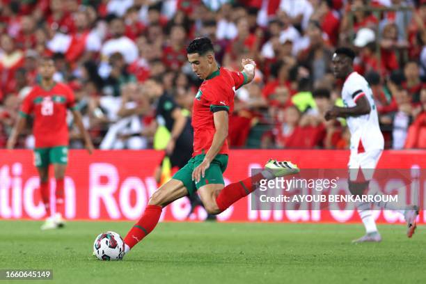 Morocco's defender Nayef Aguerd passes the ball during the international friendly football match between Morocco and Burkina Faso at the Stade...