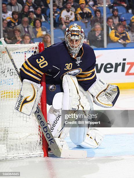 Ryan Miller of the Buffalo Sabres tends goal against the Boston Bruins on March 31, 2013 at the First Niagara Center in Buffalo, New York.